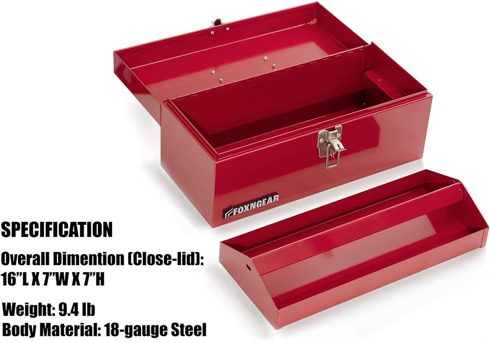 Foxngear Heavy-duty 16" Portable Metal Toolbox with Hand Carry- Red